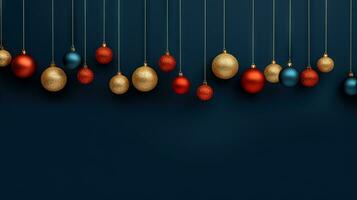 Kerstmis ballen hangende in lijn Aan blauw achtergrond. winter vakantie kaart met kerstballen. gegenereerd ai. foto