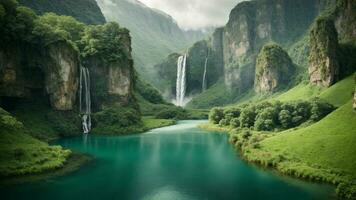 een sereen, rustig meer genesteld in een groen vallei, omringd door torenhoog kliffen en trapsgewijs watervallen, natuur achtergrond ai generatief foto