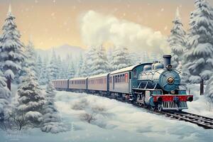 wijnoogst illustratie van een oud trein versierd voor kerstmis. stoom- locomotief, passagier auto's en besneeuwd landschap. foto