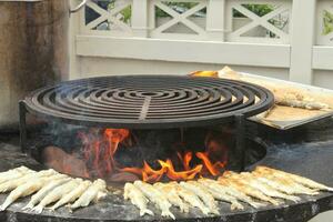 gegrild vis Aan een komvormig vlak rooster met brand gat in de centrum. buitenshuis zeevruchten barbecue Koken. picknick Aan achtertuin Aan Open lucht. straat voedsel concept. voorbereidingen treffen vis over- Open kampvuur foto