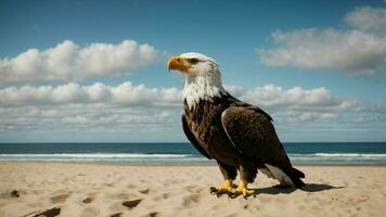 een mooi zomer dag met blauw lucht en een eenzaam stellers zee adelaar over- de strand ai generatief foto