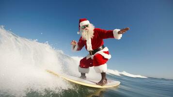 ai generatief de kerstman Aan vakantie surfing in de oceaan foto