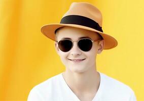 portret van grappig grappig tiener in zonnebril en een hoed Aan een geel achtergrond. ai generatief foto
