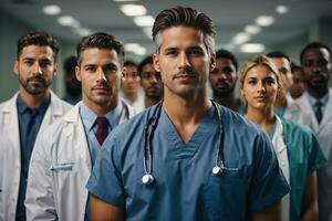 een groep van medisch personeel Bij ziekenhuis knap dokter. ai generatief foto