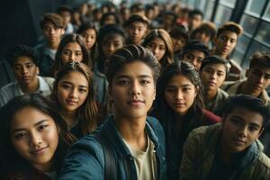 hoog hoek studenten nemen selfie. ai generatief foto