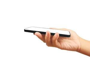 hand- Holding smartphone apparaat en aanraken scherm foto