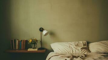 generatief ai, ontspannende slaapkamer detail van bed met natuurlijk linnen getextureerde beddengoed, gedempt neutrale esthetisch kleuren foto