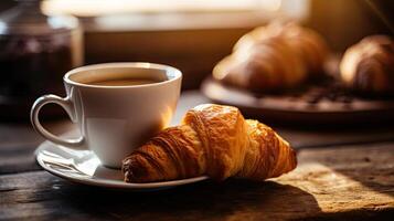 vastleggen een knus ochtend- tafereel met een kop van koffie en huis. ai generatief foto