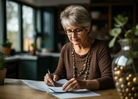 een gepensioneerde senior vrouw beheren account financiën, planning pensioen betaling, ai gegenereerd foto