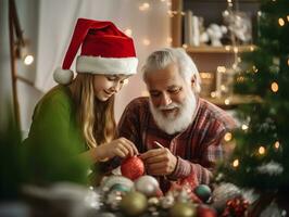 opa en nicht versierd Kerstmis boom samen voor nieuw jaar viering, ai gegenereerd foto