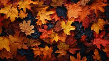 top visie van rood, oranje, en geel bladeren achtergrond, gedaald bladeren in herfst. ai generatief foto