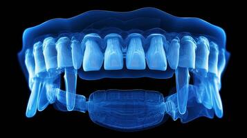 röntgenstraal van menselijk tandheelkundig, blauw toon röntgenfoto Aan donker achtergrond, diagnostisch gereedschap voor tandheelkundig examen en diagnose, ai generatief foto