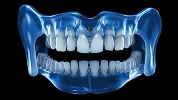 röntgenstraal van menselijk tandheelkundig, blauw toon röntgenfoto Aan donker achtergrond, diagnostisch gereedschap voor tandheelkundig examen en diagnose, ai generatief foto