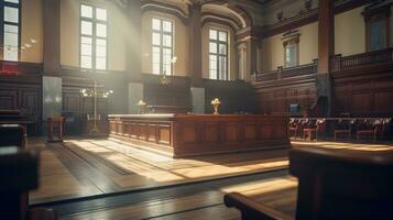 de essence van wet en gerechtigheid, een leeg gerechtsgebouw kamer interieur verlichte door middag licht, een krachtig symbool van wettelijk principes en gelijkwaardigheid, ai generatief foto