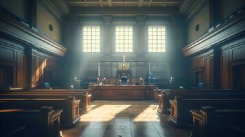 de essence van wet en gerechtigheid, een leeg gerechtsgebouw kamer interieur verlichte door middag licht, een krachtig symbool van wettelijk principes en gelijkwaardigheid, ai generatief foto