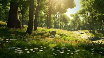 een veld- van bloemen met bomen in de achtergrond ai gegenereerd foto