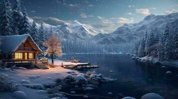 een cabine door een meer met sneeuw gedekt bergen in de achtergrond ai gegenereerd foto
