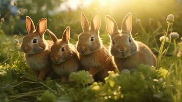 een groep van konijntjes in een met gras begroeid Oppervlakte ai gegenereerd foto