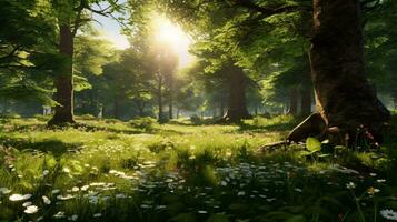 een veld- van bloemen met bomen in de achtergrond ai gegenereerd foto