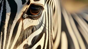 een dichtbij omhoog van een zebra's oog ai gegenereerd foto