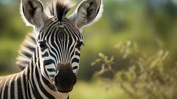 een zebra op zoek Bij de camera ai gegenereerd foto