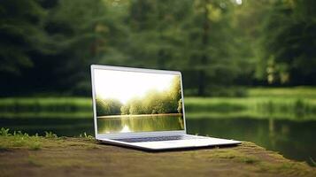 een laptop Aan een tafel ai gegenereerd foto