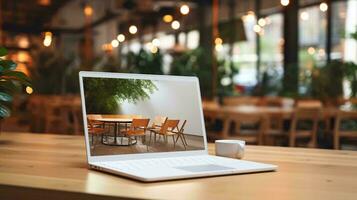 een laptop Aan een tafel ai gegenereerd foto