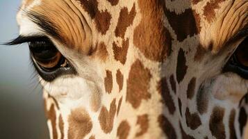 een dichtbij omhoog van een giraf gezicht ai gegenereerd foto