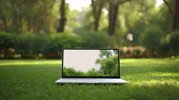 een laptop Aan de gras ai gegenereerd foto