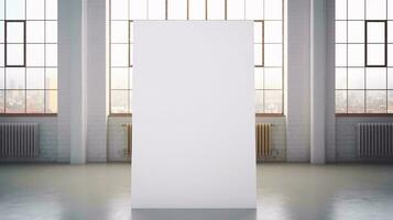 een wit rechthoekig voorwerp in een kamer met ramen ai gegenereerd foto