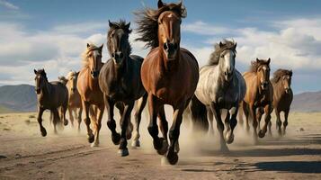 een groep van paarden rennen ai gegenereerd foto