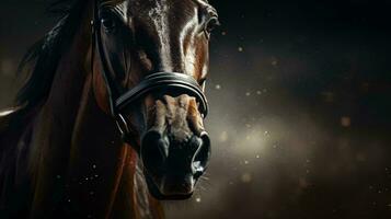 een paard met een zwart halster ai gegenereerd foto