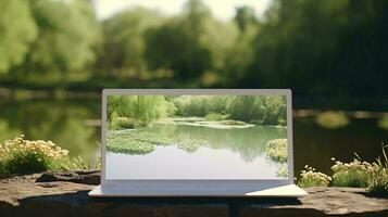 een rechthoekig wit voorwerp met een groen scherm in voorkant van een groen veld- ai gegenereerd foto
