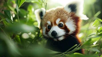 een rood panda in een boom ai gegenereerd foto