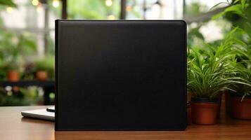 een zwart tablet Aan een tafel ai gegenereerd foto