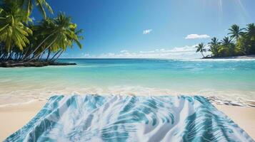 een strand met palm bomen en blauw water ai gegenereerd foto