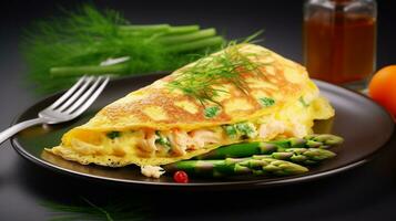 ai generatief van krab vlees en asperges omelet, presentatie van een verrukkelijk combinatie van smaken en texturen foto