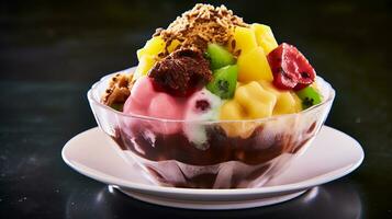 ai generatief van lucht batu campur, een Maleisisch toetje met een mengen van geschoren ijs, siroop, fruit, gelei, en bonen foto