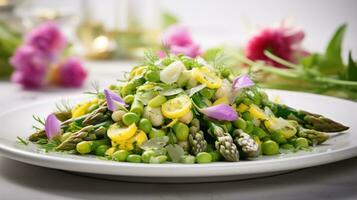 ai generatief van asperges en fava Boon salade, een verfrissend en voedzaam salade barsten met lente smaken. foto