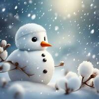 sneeuwman met sjaal en hoed Aan besneeuwd achtergrond. Kerstmis kaart. Aan een achtergrond van een winter landschap genereren door stal verspreiding ai foto