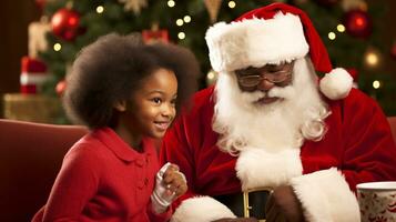 ai generatief kinderen van verschillend etniciteit vergadering de kerstman met een bokeh gevulde achtergrond foto