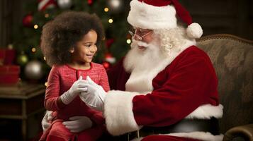 ai generatief kinderen van verschillend etniciteit vergadering de kerstman met een bokeh gevulde achtergrond foto