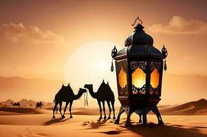 Ramadan kareem achtergrond met Arabisch lantaarns kamelen en woestijn. ai gegenereerd foto