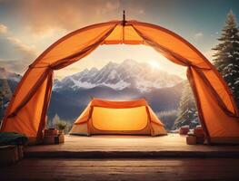 oranje tent in de bergen Bij zonsondergang. reizen en vakantie concept. ai gegenereerd foto