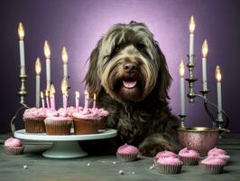 aanbiddelijk hond poseren met een verjaardag taart Bij een viering ai generatief foto