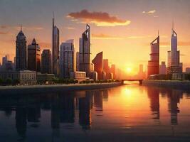 gebouw stad en zonsondergang met rivier, ai gegenereerd foto