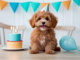 aanbiddelijk hond poseren met een verjaardag taart Bij een viering ai generatief foto