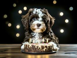 aanbiddelijk hond poseren met een verjaardag taart Bij een viering ai generatief foto