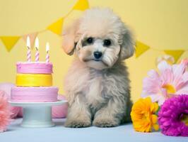 aanbiddelijk hond poseren met een verjaardag taart Bij een viering ai generatief foto