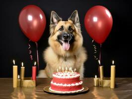 aanbiddelijk hond poseren met een verjaardag taart Bij een viering ai generatief foto